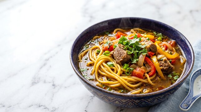 Lagman, Kazakh hand-pulled noodles, in deep indigo ceramic bowl with traditional patterns, long yellow elastic homemade noodle strands intertwined