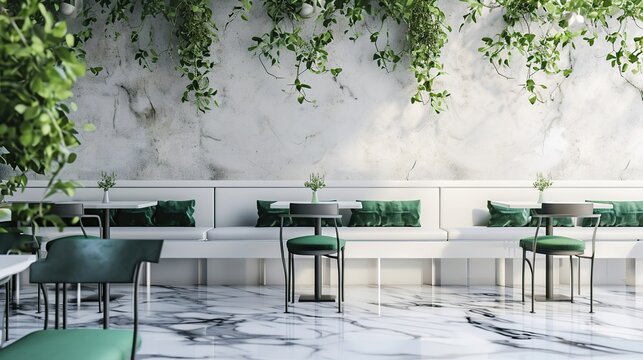 Bright Contemporary Caf? Terrace with Marble Floor and Lush Greenery Overhead