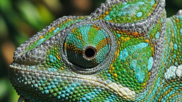 Extreme macro close-up of a vibrant chameleon eye and facial scales, featuring intricate skin textures and patterns in shades of turquoise, green, yellow, and orange in natural light.