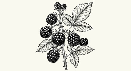 Blackberry branch, blackberries, leaves, botanical illustration, vector graphics, food icons, fruit, plant, line art © Perth