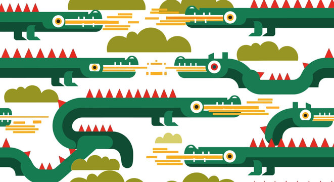 Vector alligator pattern, green crocodile seamless repeat, cartoon reptile texture, white background