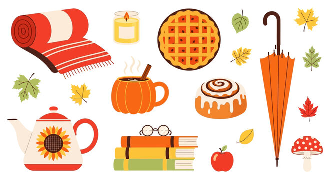 Autumn icons, fall symbols, seasonal elements, vector illustrations