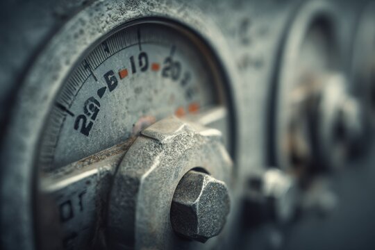Vintage industrial metal gauge with detailed dial and rusty texture showing measurement markings in an old mechanical control panel setting