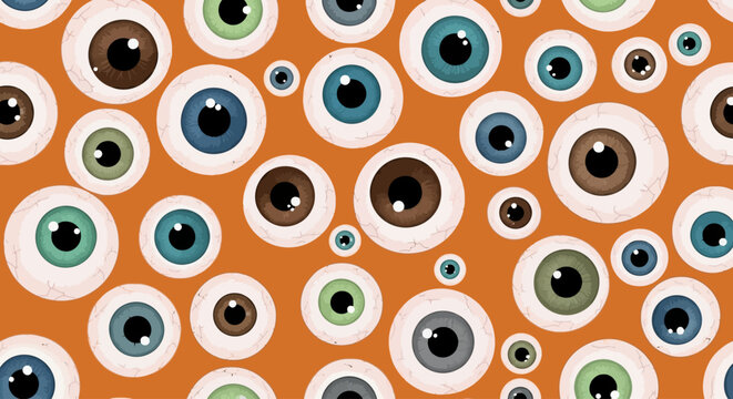 Halloween eyeball pattern, colorful eyes, vector illustration, orange background, creepy design elements