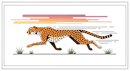 Running cheetah illustration in stylized flat vector art style with sunset background © JK