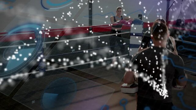 Female boxer reacting to coach signaling, practicing boxing mitt drills, guarding, HUD tracing arcs