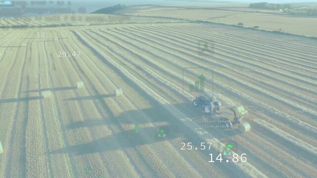 HUD activating, blue tractor moving along rows, making bales and showing CO water for precision ag