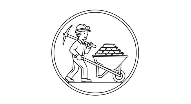 Miner pushing wheelbarrow full of gold bars, pickaxe on shoulder, illustration