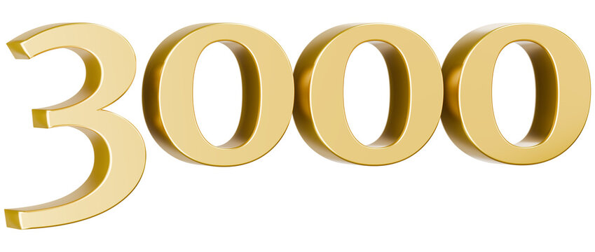 Metallic golden number 3000 3D illustration