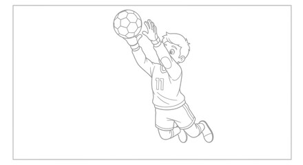 Obraz premium Young boy goalkeeper jumping to catch soccer ball, line art illustration