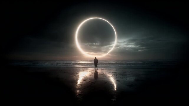 Eclipse, fantasy, mysterious, supernatural. A dramatic, atmospheric portrayal of a solitary figure standing on a beach, gazing at a radiant, glowing ring of light. The ring is the focal point.