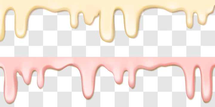 Creamy sauce, melting with pink drops. Liquid 3D texture, white slime. Realistic vanilla milk and yogurt splashes. Vector drop of syrup, pastel paint, cheese frame. Cake isolated strawberry icing