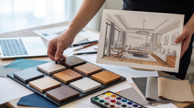 Interior designer choosing wood material samples for home renovation project with room sketch