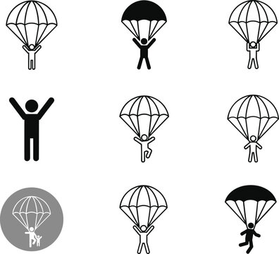 Parachuting Icon Set with Various Jumping and Landing Positions for Adventure, Skydiving, and Sports Designs