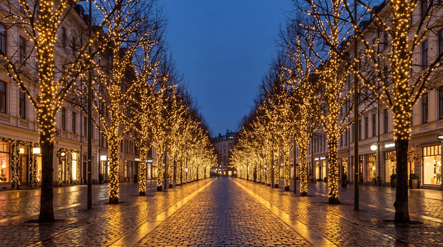 Stunning Christmas illumination golden LED lights covering bare winter trees on cobblestone
