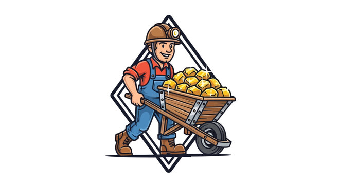Miner pushing wheelbarrow full of gold nuggets, illustration