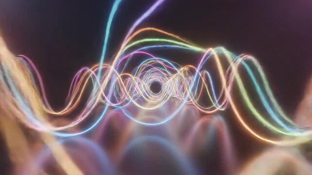 Abstract neon lines forming colorful sinusoidal wave patterns in blue, pink, and orange, reflecting on a dark glossy surface against a black background with light trails and glow.