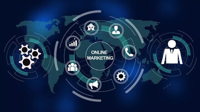 Dynamic digital online marketing strategy concept featuring animated global network connections, business data analytics, and corporate growth infographics on a futuristic dark blue tech background