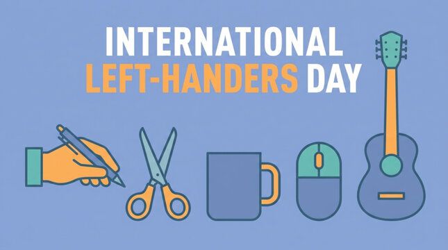 A graphic illustration celebrating International Left-Handers Day with various everyday objects for left-handed people on a blue background