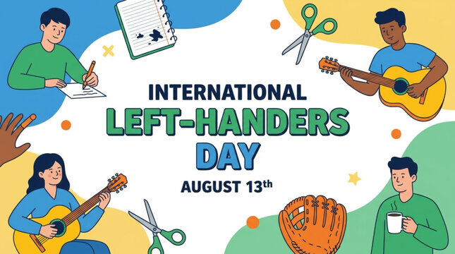 Illustration of people celebrating International Left-Handers Day on August 13th with colorful graphics and playful designs