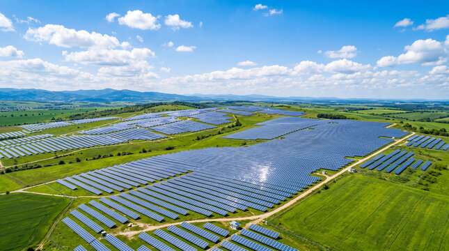 Vast solar panel farm aerial drone view over green countryside hills under bright blue summer sky