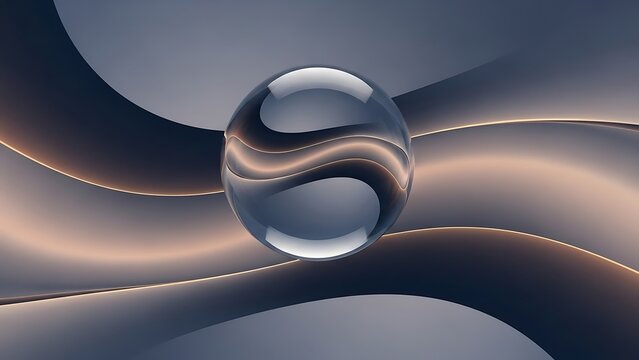 "Transparent glass sphere with swirling silver infinity symbol inside, resting on flowing abstract satin fabric waves in beige and gray tones, soft elegant lighting, luxurious and fluid composition, 8