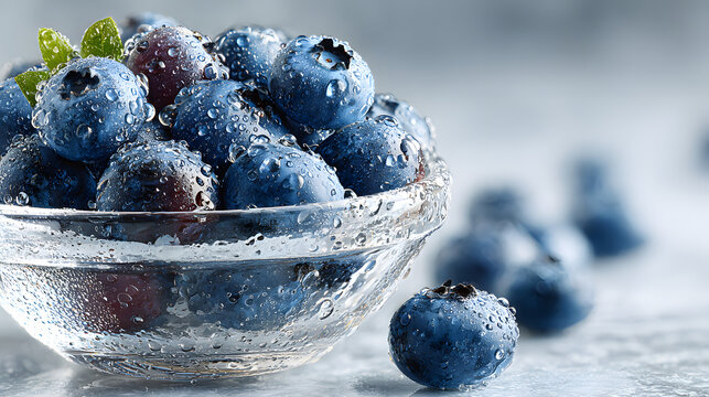 Fresh Ripe Blueberries with Water Droplets in Transparent Glass Bowl on Minimalist Background for Healthy Superfood and Organic Nutrition Concept