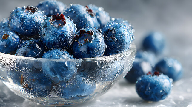 Fresh Ripe Blueberries with Water Droplets in Transparent Glass Bowl on Minimalist Background for Healthy Superfood and Organic Nutrition Concept