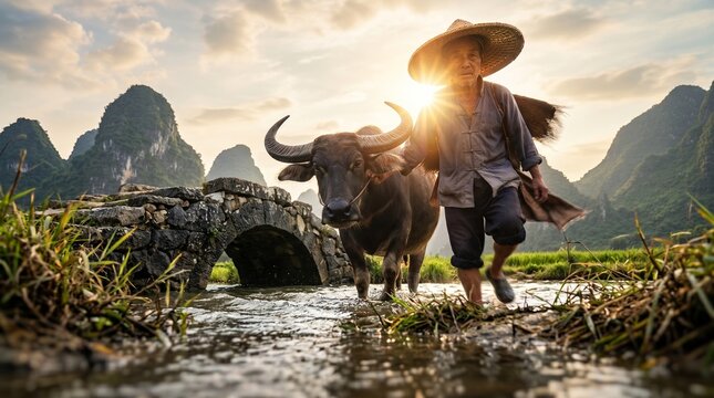 Farmer leads water buffalo across a shallow river with karst mountains in the background at sunset.