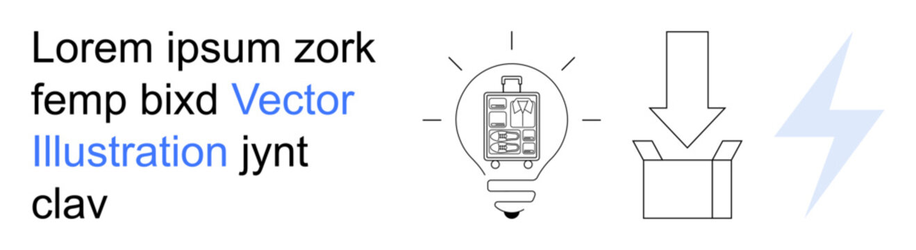 Innovation, energy efficiency, power transmission, packaging processes, downloads, digital solutions. A lightbulb, arrow to a box and a lightning bolt. Innovation and energy efficiency concepts