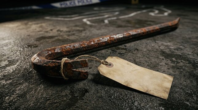 A rusty crowbar with a paper evidence tag lies on the ground near a chalk outline at a crime scene.