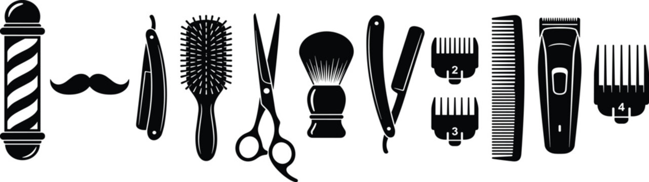 Black Silhouette Barber Shop Tools Collection Vector Set with Classic Grooming Equipment Icons