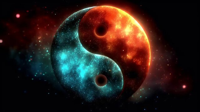 Yin Yang, Chinese philosophy, harmony, balance, Taoism. A vivid depiction of a cosmic scene features a yinyang symbol. The symbol is composed of two halves, one orange and one blue.