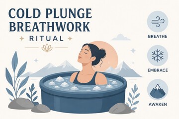 Obraz premium Cold plunge breathwork ritual with woman in ice bath and mountain wellness illustration