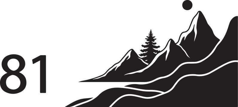 Mountain landscape icon, black silhouette, minimalist design, 81 elements