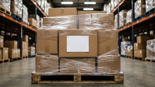 A pallet loaded with cardboard boxes wrapped in plastic film is placed in a large warehouse aisle filled with stored goods on metal shelves.
