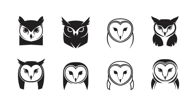 Collection of stylized owl logos and bird icons