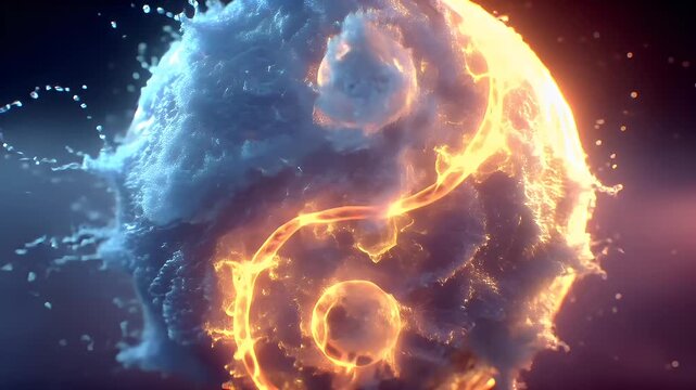 Yin Yang, Chinese philosophy, harmony, balance, Taoism. A vivid digital artwork depicts a fiery, spherical object suspended in midair. The object is illuminated by a bright.