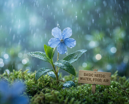 A blue flower with water droplets on its petals and leaves stands in the rain next to a small wooden sign that reads basic needs water food air on green moss basic needs of living things