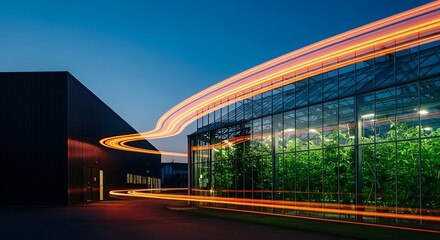 Fototapeta premium Smart greenhouse facility features vibrant orange light trails flowing past glass walls at dusk. Ideal for sustainable agriculture and agritech marketing.