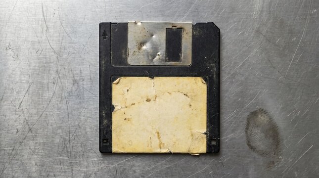 A worn, vintage black floppy disk with a yellowed label rests on a scratched metallic surface beside a faint fingerprint.