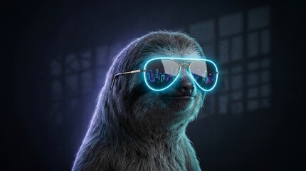 Fototapeta premium Cool sloth wearing neon aviator sunglasses with city reflection