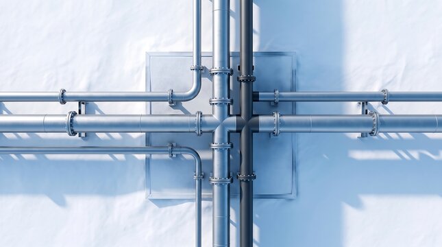 Top view of industrial steel pipe junction and connections