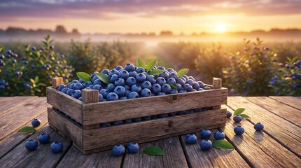 Fototapeta premium Fresh blueberries in wooden crate on table at sunset farm field
