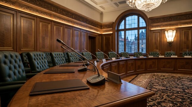 Luxury Executive Conference Room with Round Table and Mics