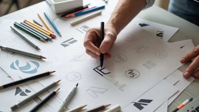 Graphic designer sketching logo design concepts on paper with pencils and markers in a studio