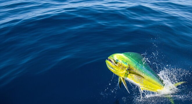 Vibrant Mahi-Mahi (Dorado) jumping out of deep blue ocean water with dynamic splash