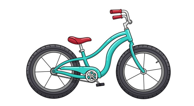 Teal cruiser bicycle with red seat and handlebars, isolated on white