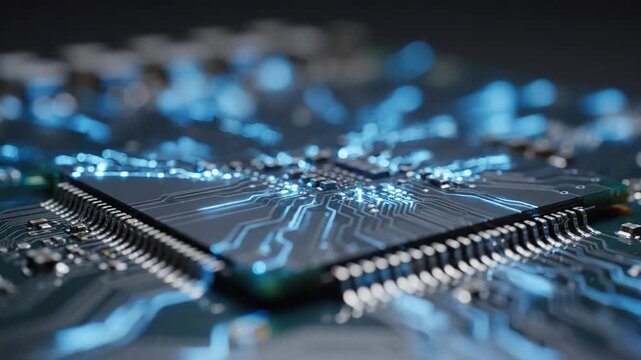 Macro view of a high-performance microprocessor chip on a printed circuit board with glowing blue digital light pulses flowing through integrated circuit pathways and microchips.