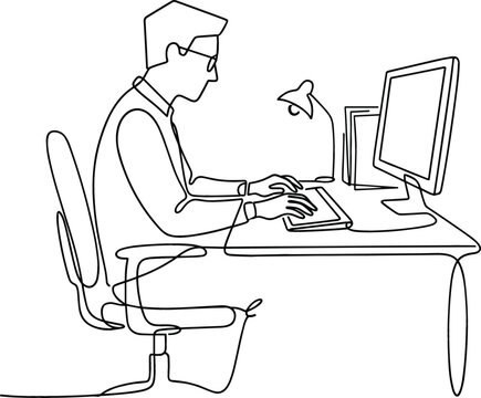 Continuous Line Art Illustration of a Person Working at a Computer for Office, Technology, and Productivity Designs
